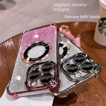 Luxury Magnetic Glitter Shockproof Case For iPhone 17 16 Pro Max 15 14 13 12 11 15 Plus Glass Lens Protection Acrylic Back Cover