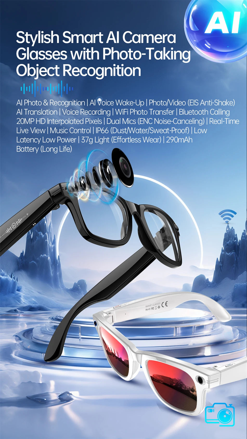 New AI 5MP Camera Smart Glasses 290mAh Waterproof Voice Call Music Bluetooth Smart Sunglasses Video Record Translation Glasees