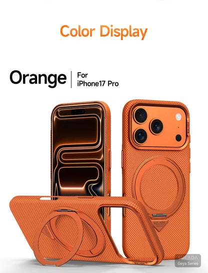 Alloy Lens 360 Rotating Bracket Magnetic Case for iPhone 17Pro Max 16 pro Carbon Fiber Texture Wireless Charge Frosted PC Cover
