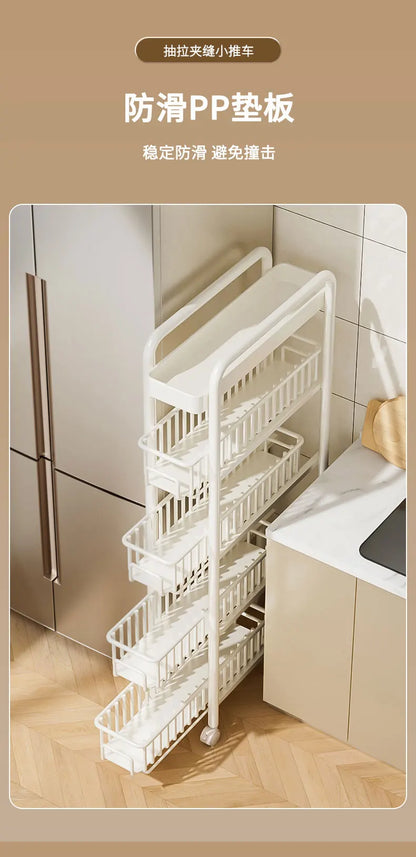 Side of Refrigerator Storage Rack Ultra Narrow Pull-out Seasoning Rack Multifunctional Bathroom Shelf with Pulley Kitchen Cart
