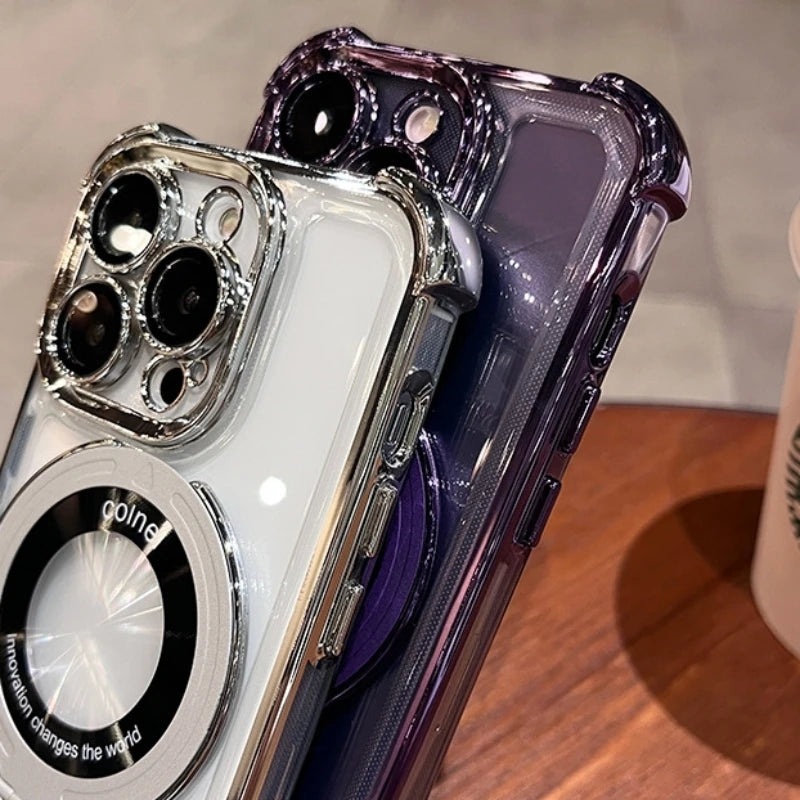 For iPhone 16 Pro Max Luxury Transparent Holder Stand Plating Frame Phone Case For iPhone 13 14 15 Plus 17 Air Protective Cover