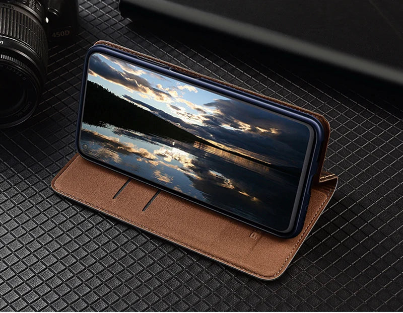 For OnePlus Nord 5 CE5 5G Flip Case Grid Pattern Magnetic Cover Luxury Cowhide Genuine Leather Card Pocket Wallet Cases Covers