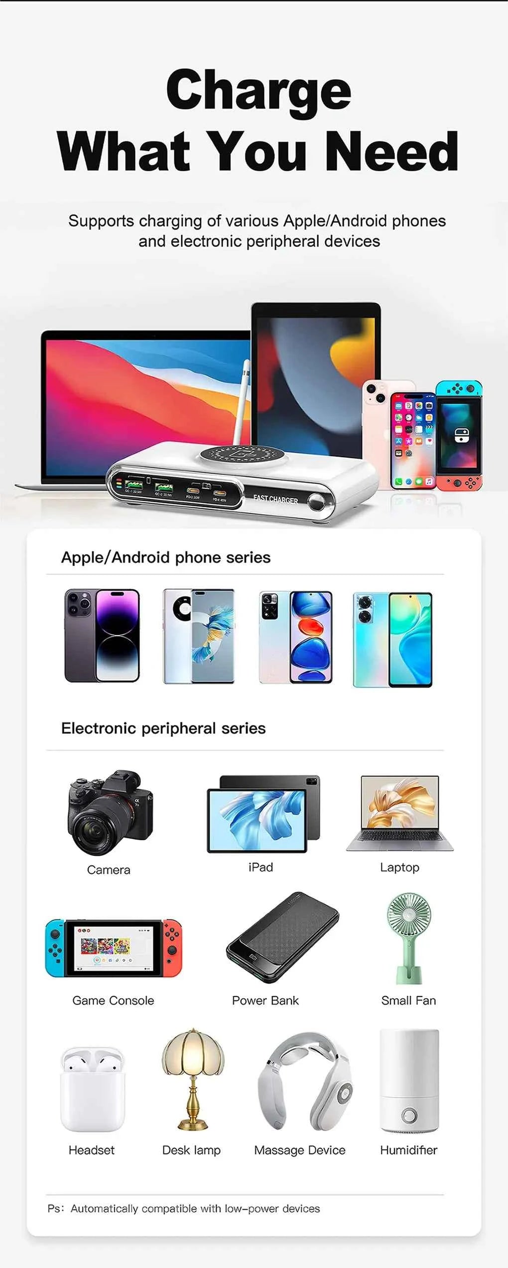 72W 4 Port USB C PD QC Fast Charger Wireless Charging For Phone