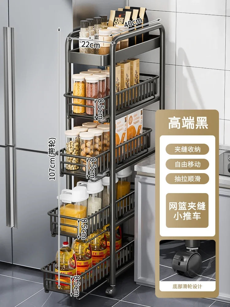 Side of Refrigerator Storage Rack Ultra Narrow Pull-out Seasoning Rack Multifunctional Bathroom Shelf with Pulley Kitchen Cart