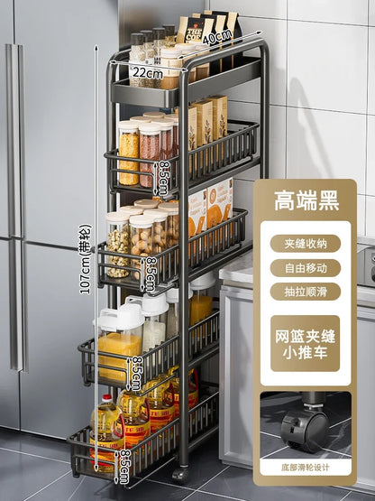 Side of Refrigerator Storage Rack Ultra Narrow Pull-out Seasoning Rack Multifunctional Bathroom Shelf with Pulley Kitchen Cart