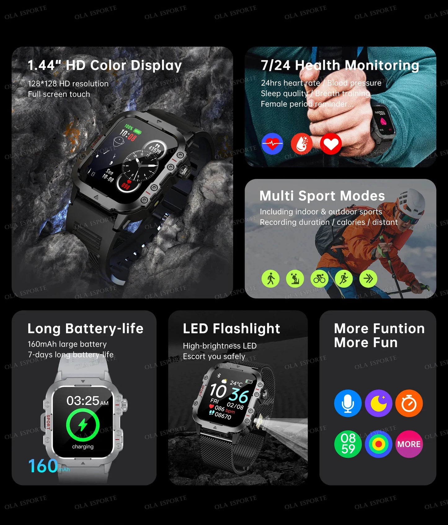 2025 New Military Smart Watch Men IP67 3ATM Outdoor Sports Fitness Tracker Health Monitoring 1.44 Inch Bluetooth Call Smartwatch