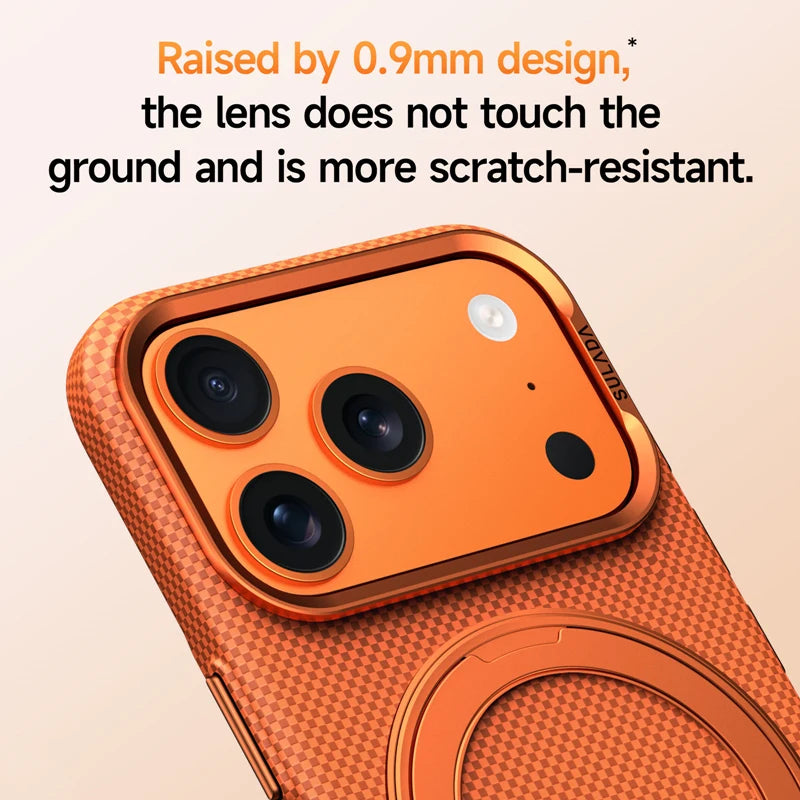 Alloy Lens 360 Rotating Bracket Magnetic Case for iPhone 17Pro Max 16 pro Carbon Fiber Texture Wireless Charge Frosted PC Cover