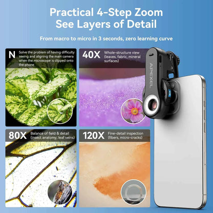 APEXEL 40X/80X/120X Microscope 3in1 Jewelry Lenses with LED Light/Universal Clip for iPhone 17/pro max 16/Android Smartphones