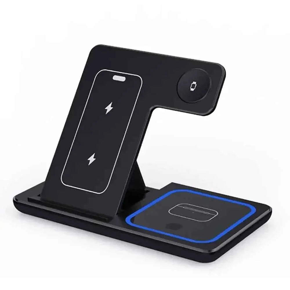Foldable Dock Station 3 In 1 Wireless Charger Stand With LED 15W Phone Earbuds