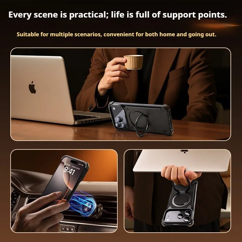 Eary for iPhone 17 Pro Max Air Phone Case Genuine Leather Magsafe Frameless Shell With 360°Rotate Magnetic Stand Anti-Drop Cover