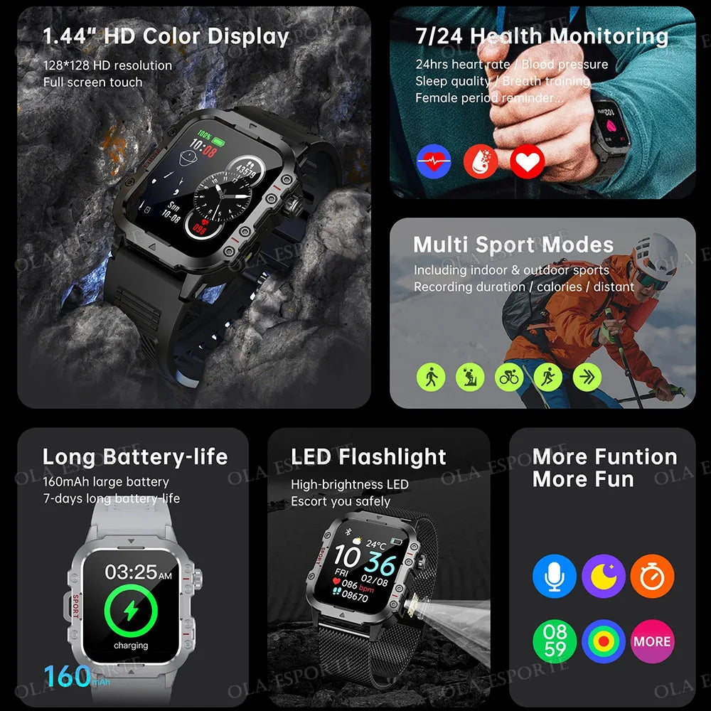 2025 New Military Smart Watch Men IP67 3ATM Outdoor Sports Fitness Tracker Health Monitoring 1.44 Inch Bluetooth Call Smartwatch