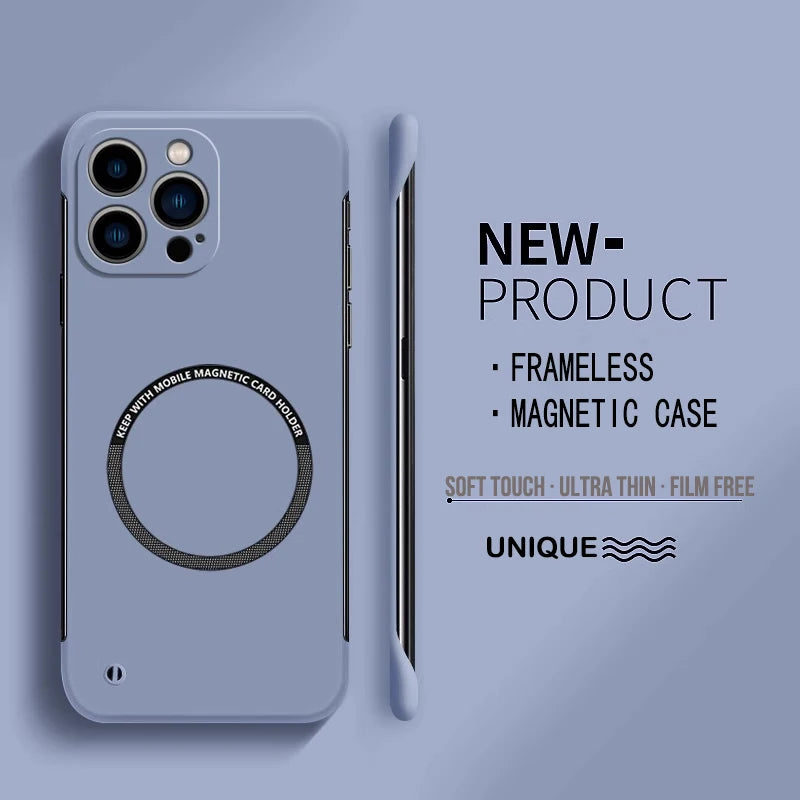 Ultra-thin hard PC magnetic frameless phone case for MagSafe iPhone 15/14/13/12/11 Pro Max Mini in matte solid color.