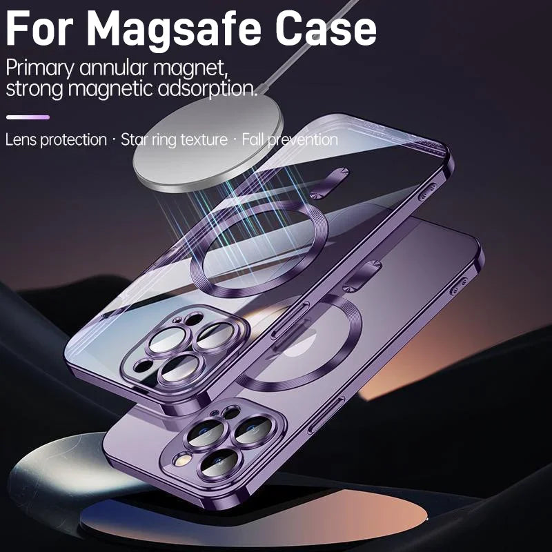 Plating For Magsafe Magnetic Phone Case For iPhone 16 15 14 13 12 11 Pro Max 16 Plus Wireless Charging With Lens Protector Cover