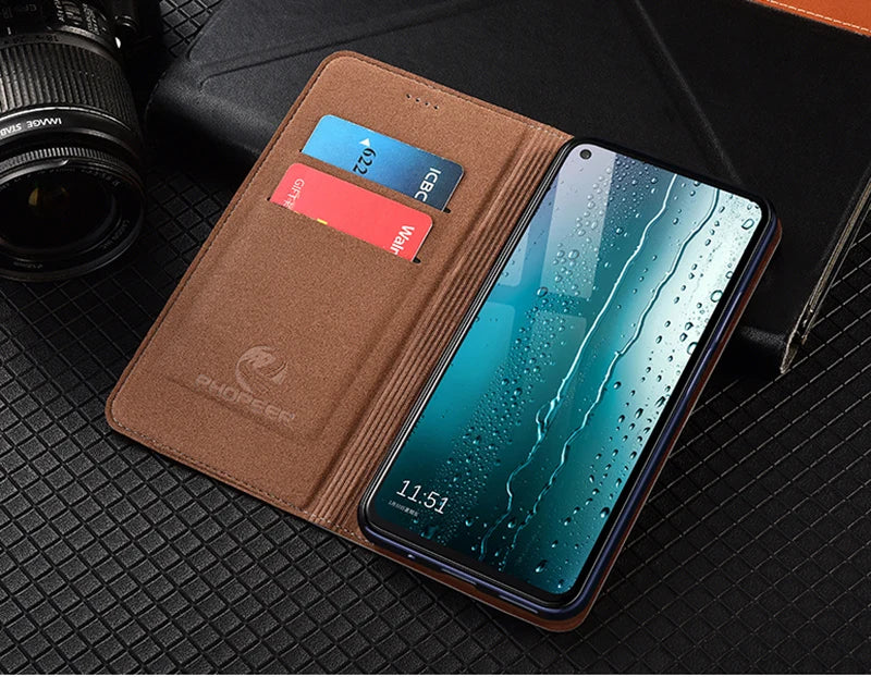 For OnePlus Nord 5 CE5 5G Flip Case Grid Pattern Magnetic Cover Luxury Cowhide Genuine Leather Card Pocket Wallet Cases Covers