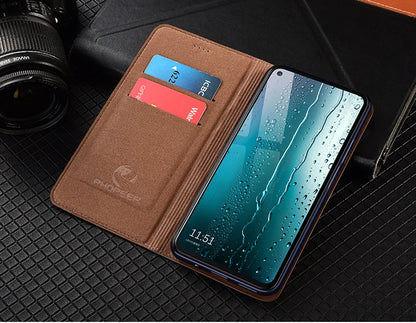 For OnePlus Nord 5 CE5 5G Flip Case Grid Pattern Magnetic Cover Luxury Cowhide Genuine Leather Card Pocket Wallet Cases Covers
