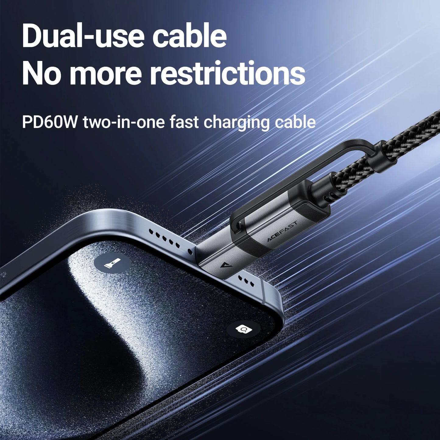 ACEFAST 2 in 1 MFi Certified USB-C to USB-C / Lightning Fast Charging PD60W Phone Cable For iPhone 16/15 Pro Max Wired Cord 1.2M