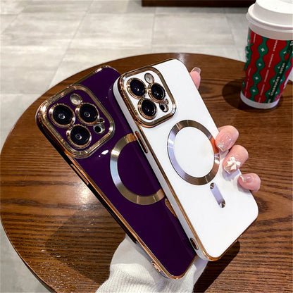 Luxury Plating Solid Color Magnetic Wireless Charge Case For iPhone 11 12 13 14 15 16 17 Air Pro Max Plus Shockproof Soft Cover