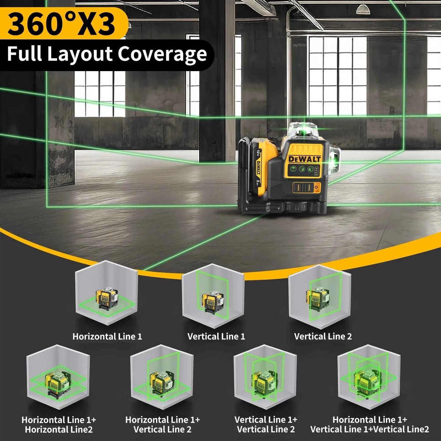 DEWALT DW089 12V Li-Ion Laser Level 12 Line 3×360°Vertical Horizontal Self Levelling Green Beam for Indoor Outdoor Building Work