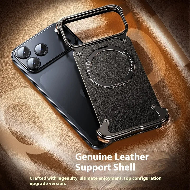 Eary for iPhone 17 Pro Max Air Phone Case Genuine Leather Magsafe Frameless Shell With 360°Rotate Magnetic Stand Anti-Drop Cover