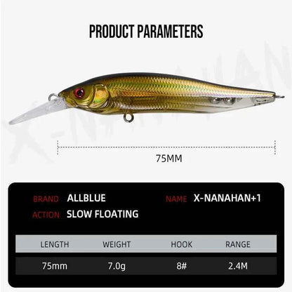Allblue X Nanahan Deep Diving Minnow Lure 75mm 7g 0 To 2m Magnetic Slow Floating