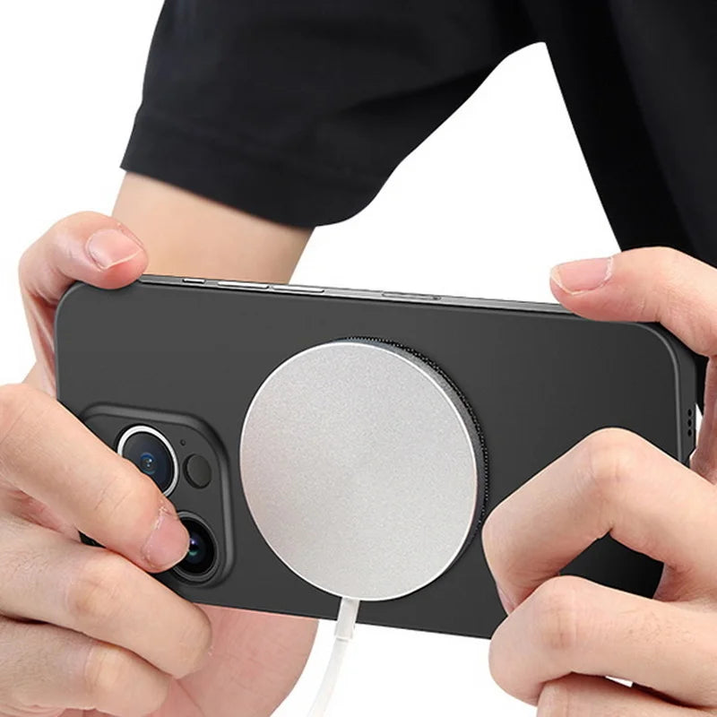 Ultra-thin hard PC magnetic frameless phone case for MagSafe iPhone with circular magnet plate, matte black.