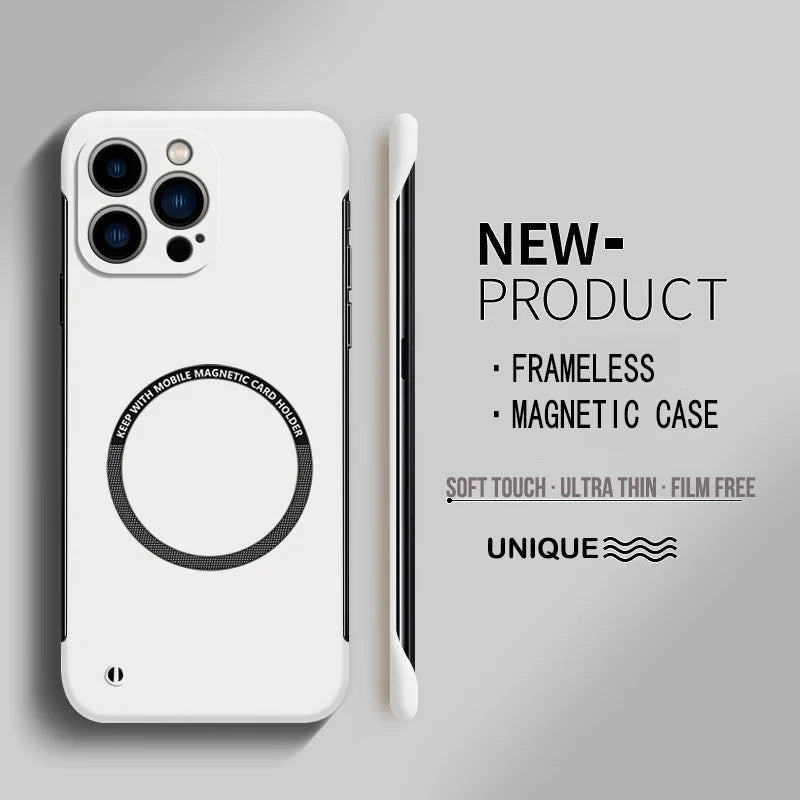 Ultra-thin hard PC magnetic frameless MagSafe iPhone case with matte color, anti-fingerprint, anti-scratch.