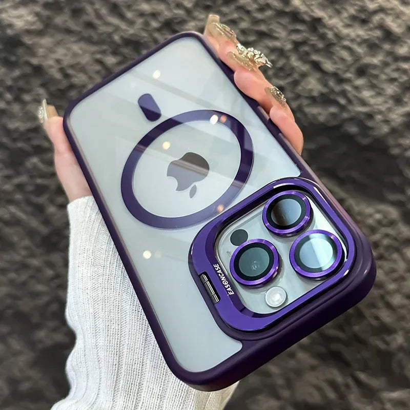 Luxury Magnetic Shockproof Phone Case For iPhone 16 15 14 13 12 11 17 Pro Max For Magsafe Funda Stand Glass Lens Protector Cover