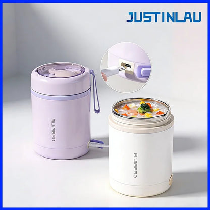 JUSTINLAU 600ML USB Electric Heating Lunch Box 304 Stainless Steel+PP Portable Food Warmer with Spoon for Working&camping Use