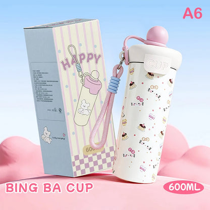 ♥Cartoon Animal Float Ball Water Bottle - 316 Stainless Steel Insulated Tumbler with Straw & Carry Strap for Kids and Students