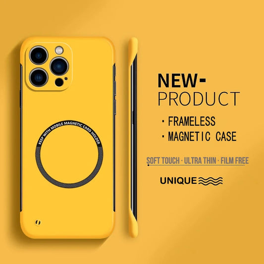 Yellow ultra-thin hard PC MagSafe frameless iPhone case for iPhone 15/14/13/12 Mini/11 Pro Max, matte anti-fingerprint finish.