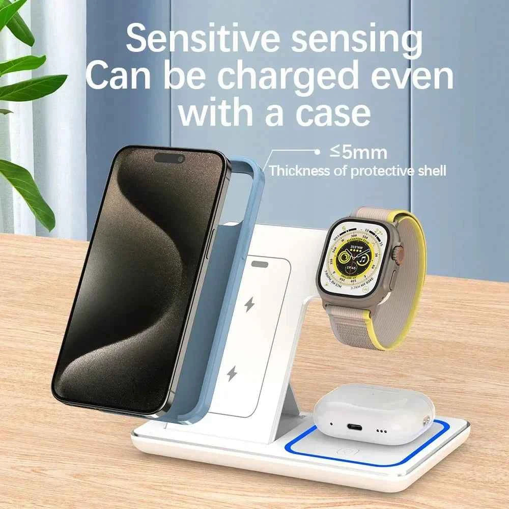 Foldable Dock Station 3 In 1 Wireless Charger Stand With LED 15W Phone Earbuds
