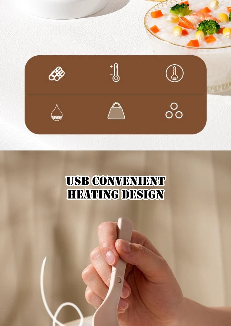JUSTINLAU 600ML USB Electric Heating Lunch Box 304 Stainless Steel+PP Portable Food Warmer with Spoon for Working&camping Use