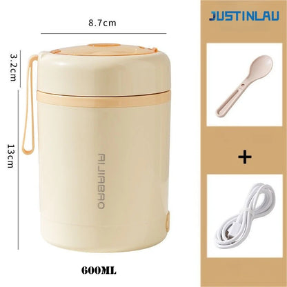 JUSTINLAU 600ML USB Electric Heating Lunch Box 304 Stainless Steel+PP Portable Food Warmer with Spoon for Working&camping Use