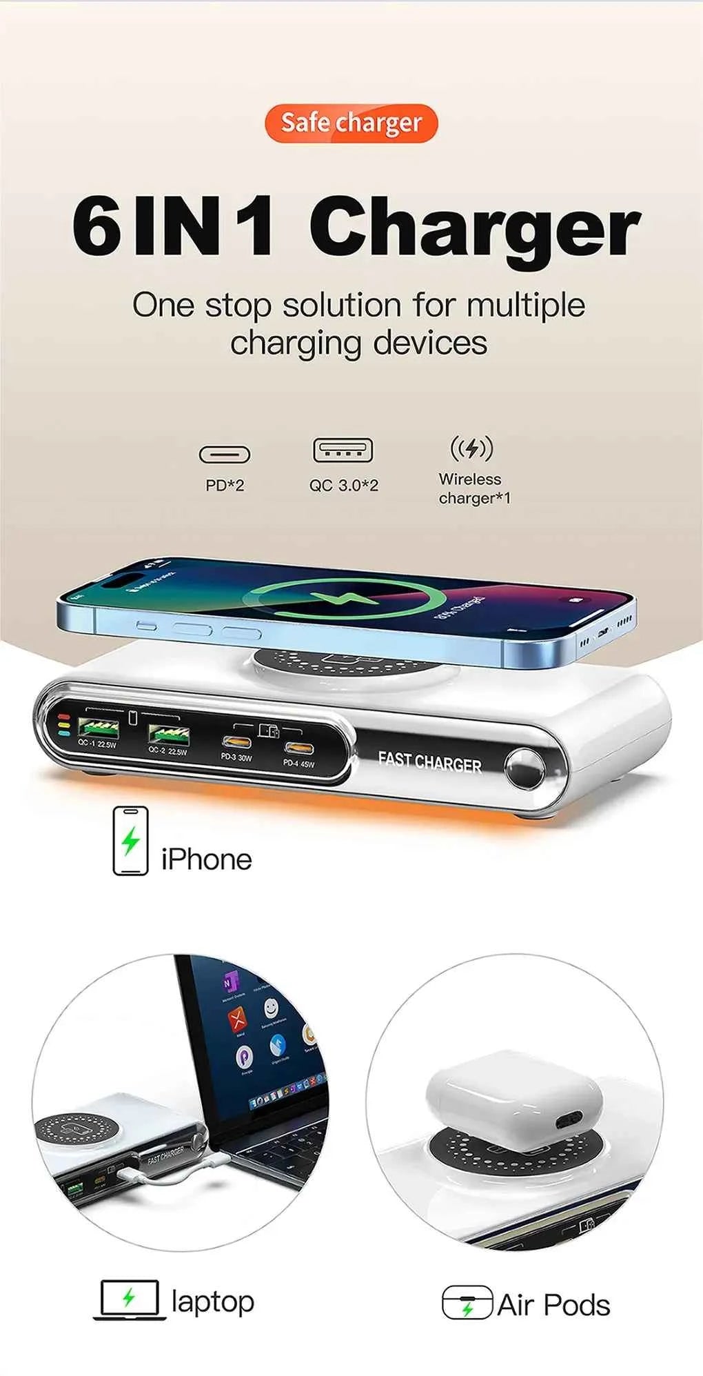 72W 4 Port USB C PD QC Fast Charger Wireless Charging For Phone