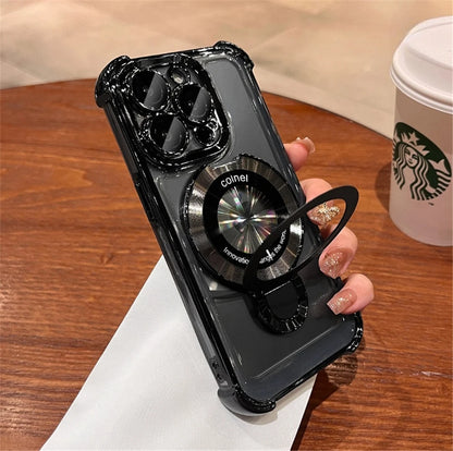 For iPhone 16 Pro Max Luxury Transparent Holder Stand Plating Frame Phone Case For iPhone 13 14 15 Plus 17 Air Protective Cover