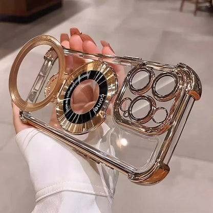For iPhone 16 Pro Max Luxury Transparent Holder Stand Plating Frame Phone Case For iPhone 13 14 15 Plus 17 Air Protective Cover