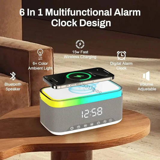 New Smart 6-in-1 Bluetooth Speaker 60W Wireless Charger Bedhead Night Light Alarm Clock LED Clock with FM Radio Music Cente