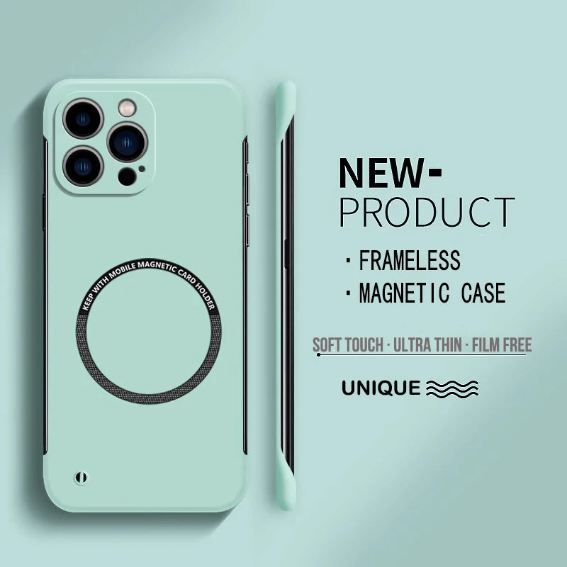 Mint green ultra-thin hard PC magnetic frameless MagSafe iPhone case with matte finish and back circular magnet.