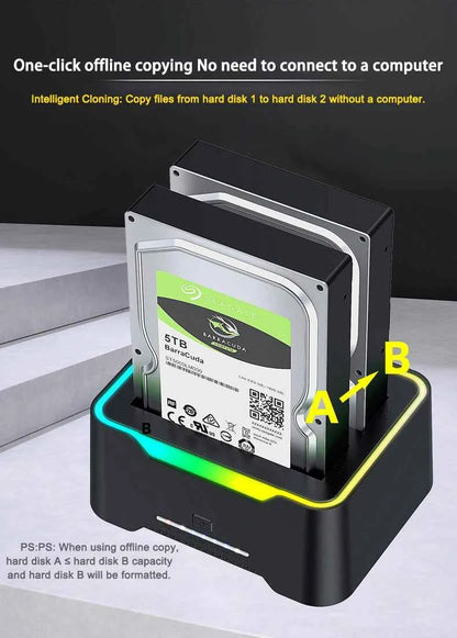 2.5 3.5 Inch Dual Disk SATA Hard Drive Dock USB3 RGB Lights USB C 3.1 12V 3A