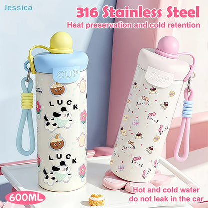 ♥Cartoon Animal Float Ball Water Bottle - 316 Stainless Steel Insulated Tumbler with Straw & Carry Strap for Kids and Students