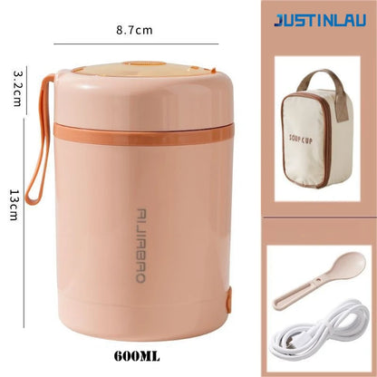 JUSTINLAU 600ML USB Electric Heating Lunch Box 304 Stainless Steel+PP Portable Food Warmer with Spoon for Working&camping Use