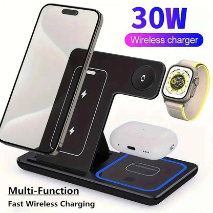 Foldable Dock Station 3 In 1 Wireless Charger Stand With LED 15W Phone Earbuds