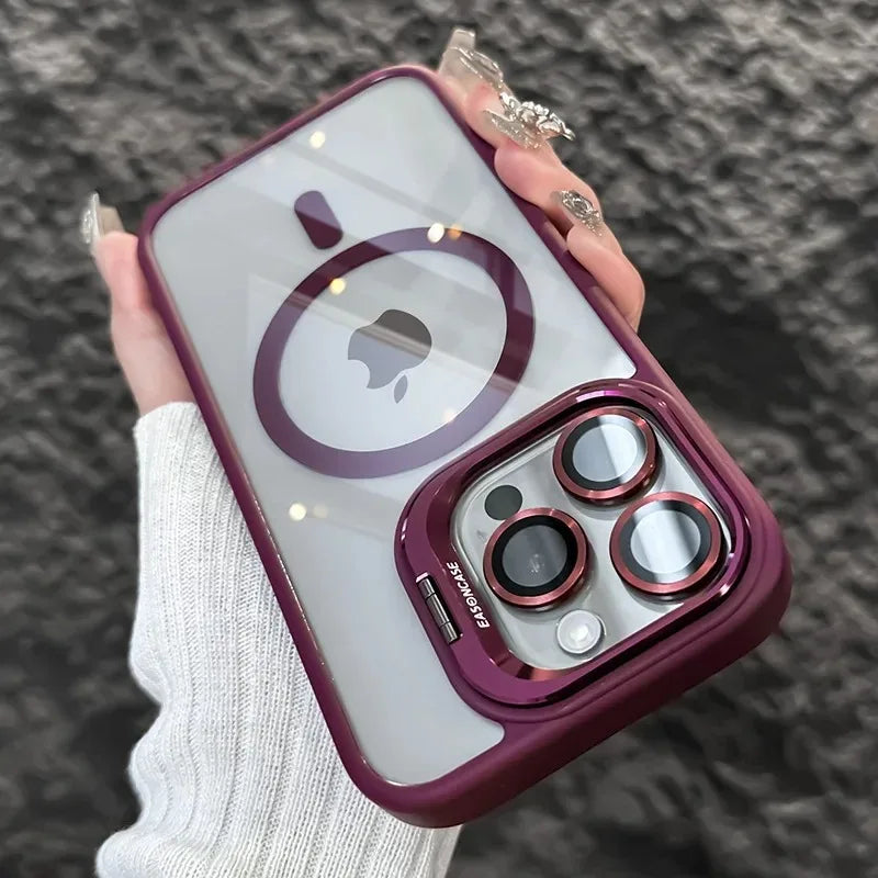 Luxury Magnetic Shockproof Phone Case For iPhone 16 15 14 13 12 11 17 Pro Max For Magsafe Funda Stand Glass Lens Protector Cover
