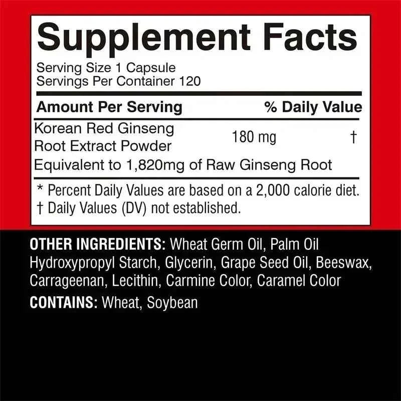 Korean Red Ginseng Supplement 120 Capsules for Energy and Stress Relief