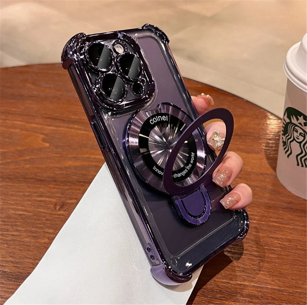 For iPhone 16 Pro Max Luxury Transparent Holder Stand Plating Frame Phone Case For iPhone 13 14 15 Plus 17 Air Protective Cover