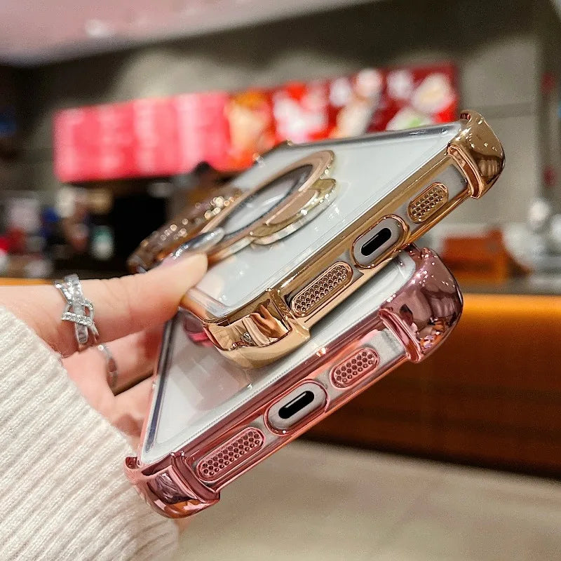 Fashion Plating Magnetic Bracket Case for iPhone 17 16 15 14 13 12 Pro Max Case With Holder Stand Shockproof Cover for Magsafe
