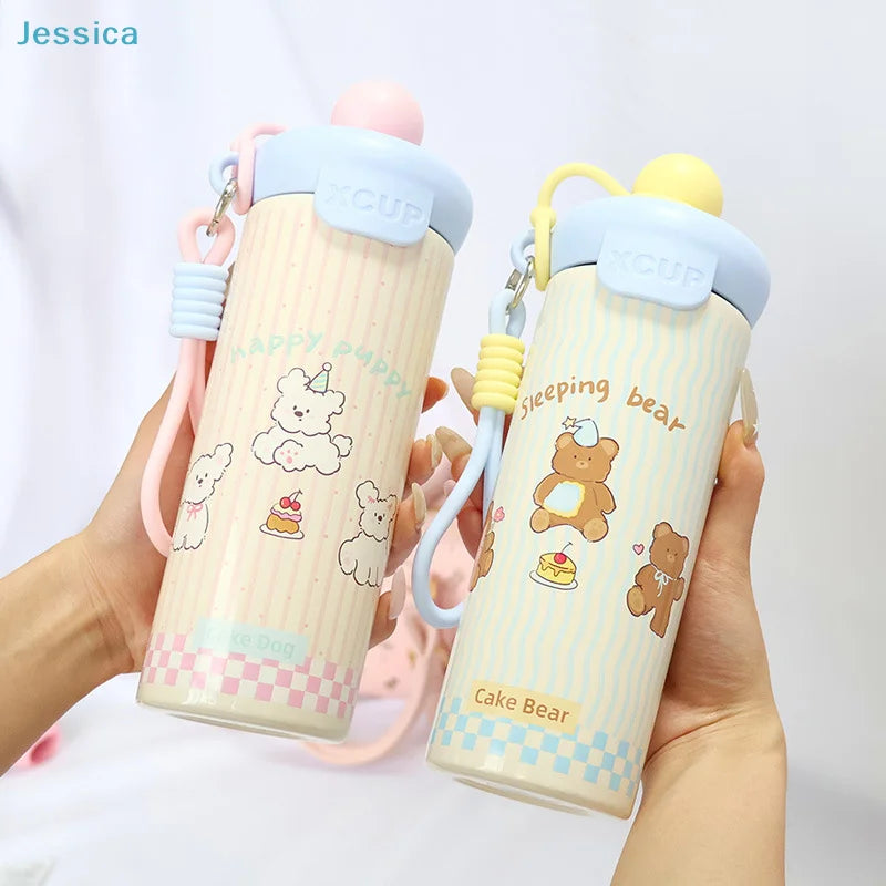 ♥Cartoon Animal Float Ball Water Bottle - 316 Stainless Steel Insulated Tumbler with Straw & Carry Strap for Kids and Students