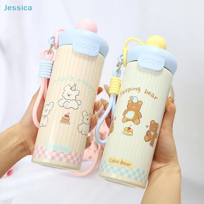 ♥Cartoon Animal Float Ball Water Bottle - 316 Stainless Steel Insulated Tumbler with Straw & Carry Strap for Kids and Students