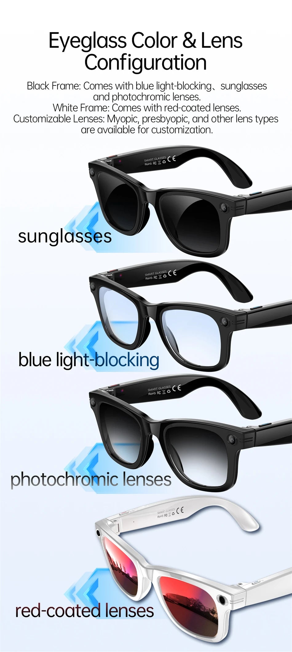 New AI 5MP Camera Smart Glasses 290mAh Waterproof Voice Call Music Bluetooth Smart Sunglasses Video Record Translation Glasees