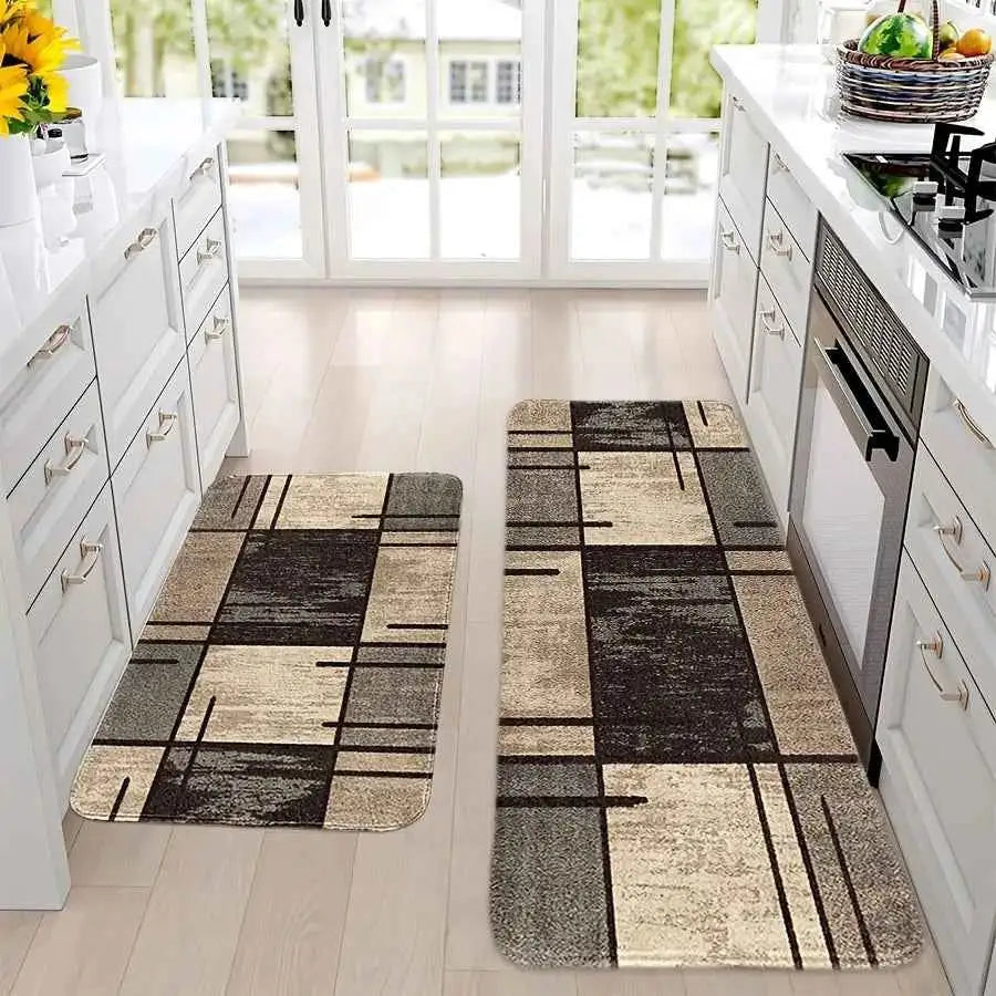 Modern Brown Geometric Kitchen Mat Decor Non-Slip Hallway Balcony Laundry Room Rugs Bathroom Foot Pad Bedroom Door Mat Decor